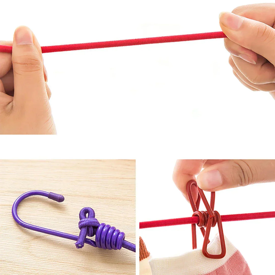Cuerda de ropa multi-clip, antideslizante y elástica. Perfecta para secado rápido y seguro.