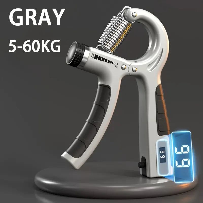 Entrenador de agarre ajustable 5-60kg con contador. Fortalece antebrazos, manos y agarre.