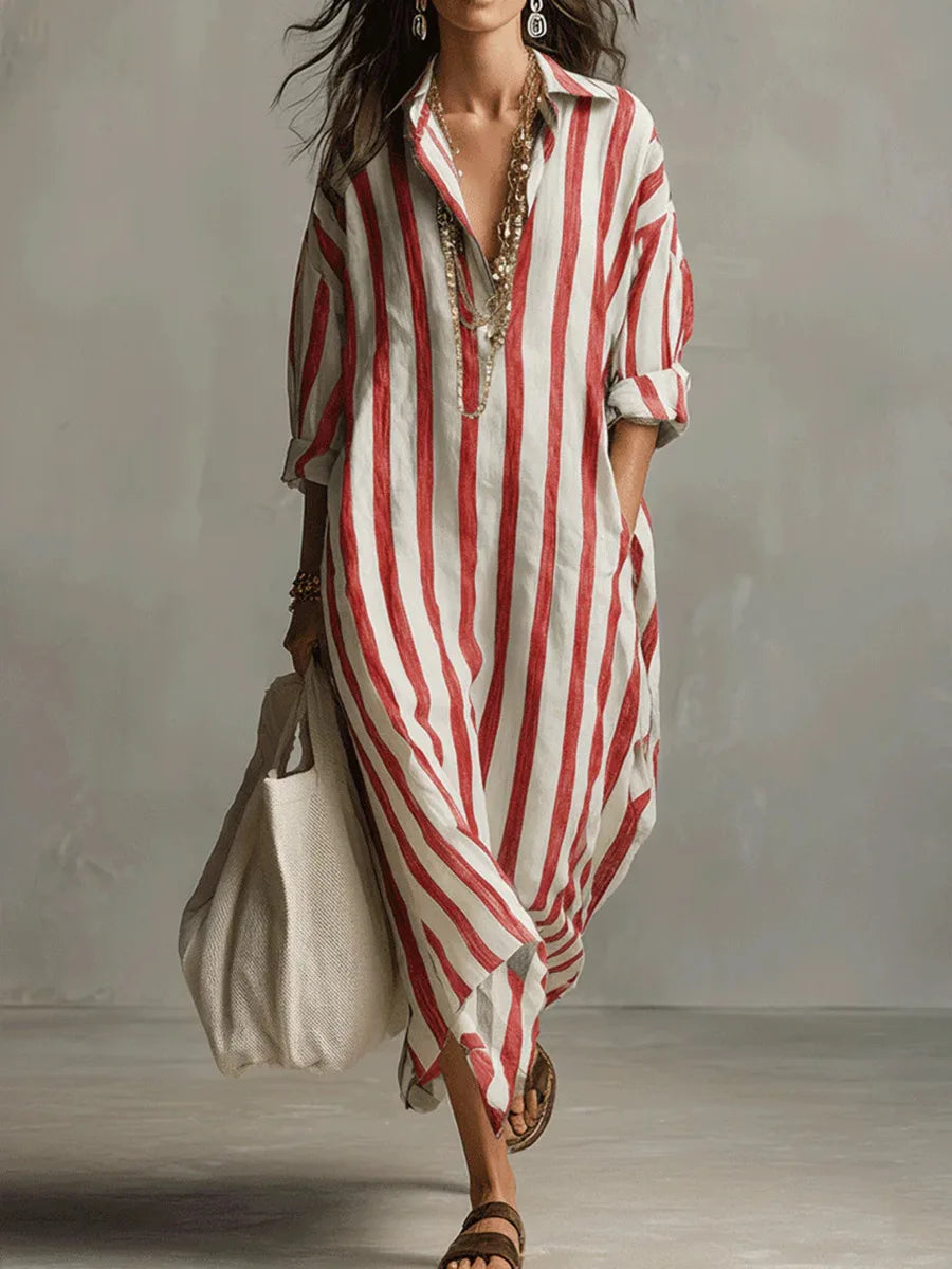 Vestido camisero de mujer, diseño rayado, tela fluida y holgada, perfecto para primavera y playa.