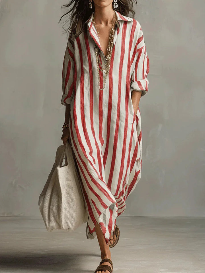 Vestido camisero de mujer, diseño rayado, tela fluida y holgada, perfecto para primavera y playa.