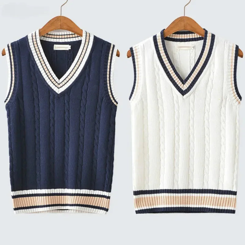 Chaleco de punto cuello V para hombre, estilo clásico. Ideal para vestimenta casual o elegante.