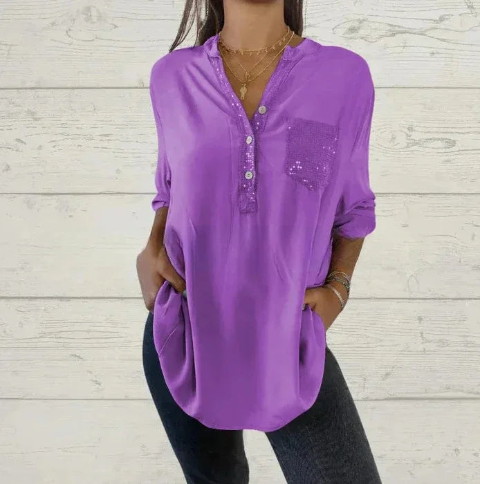 Top de mujer con lentejuelas y botones, blusa casual elegante para la moda de primavera.
