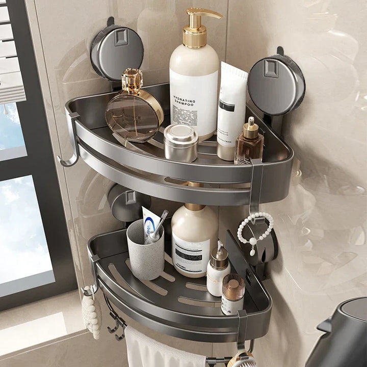 Organizador de baño de esquina con ventosas, sin taladrar, para ducha y almacenamiento de accesorios.