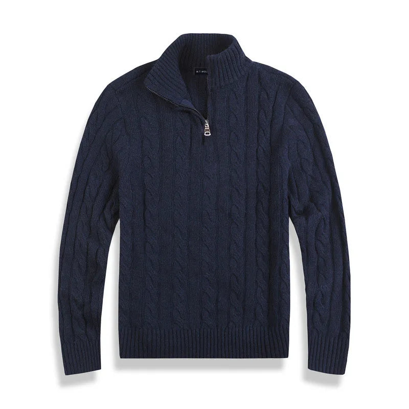 Jersey de invierno para hombre con cremallera, patrón trenzado y cuello alto, ropa masculina cómoda y estilosa.