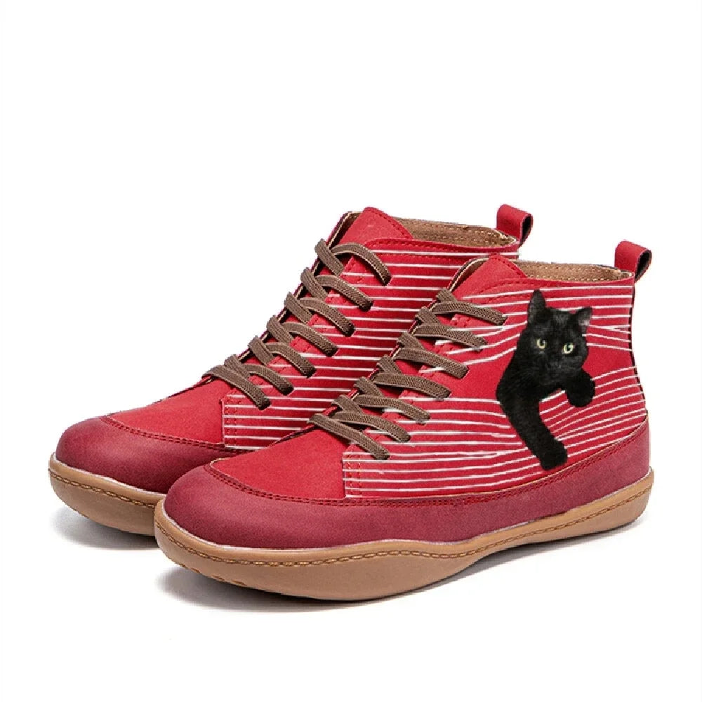 Botines de mujer con estampado de gato, perfectos para un estilo casual y moderno en otoño e invierno.
