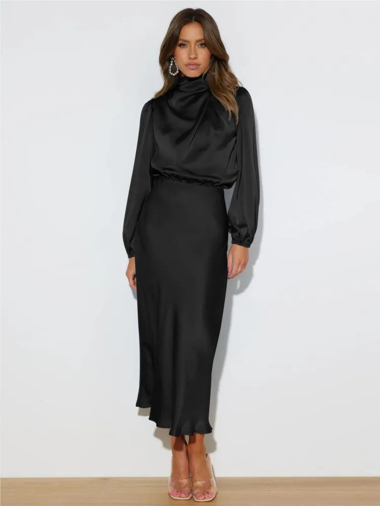 Vestido midi de mujer, estilo formal con cuello alto y manga larga, para un look sofisticado.