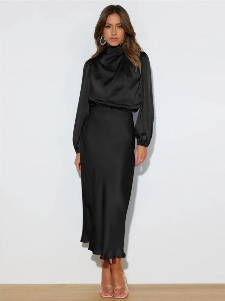 Vestido midi de mujer, estilo formal con cuello alto y manga larga, para un look sofisticado.