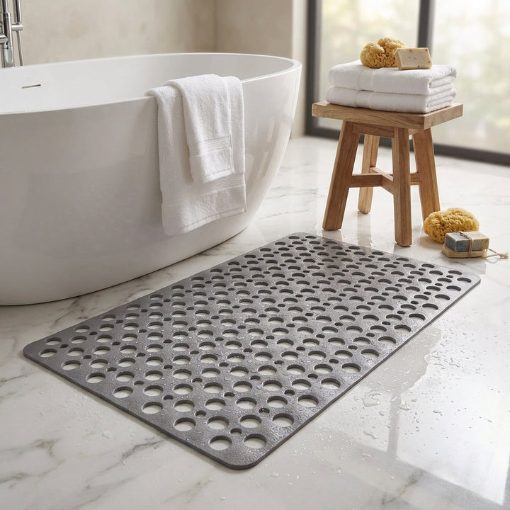 Alfombrilla de ducha antideslizante con succión segura para un baño sin resbalones.