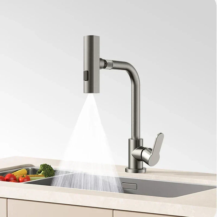 Elegante grifo de cocina cascada en acero inoxidable, monomando y giratorio para tu hogar.