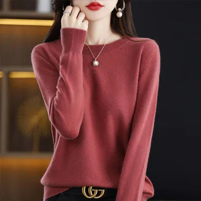 Jersey de invierno suave y versátil para mujer, corte ceñido, cuello redondo, moda femenina.