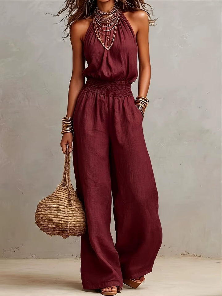 Mono casual de verano para mujer, halter, pierna ancha, espalda descubierta. Comodidad y estilo garantizados.