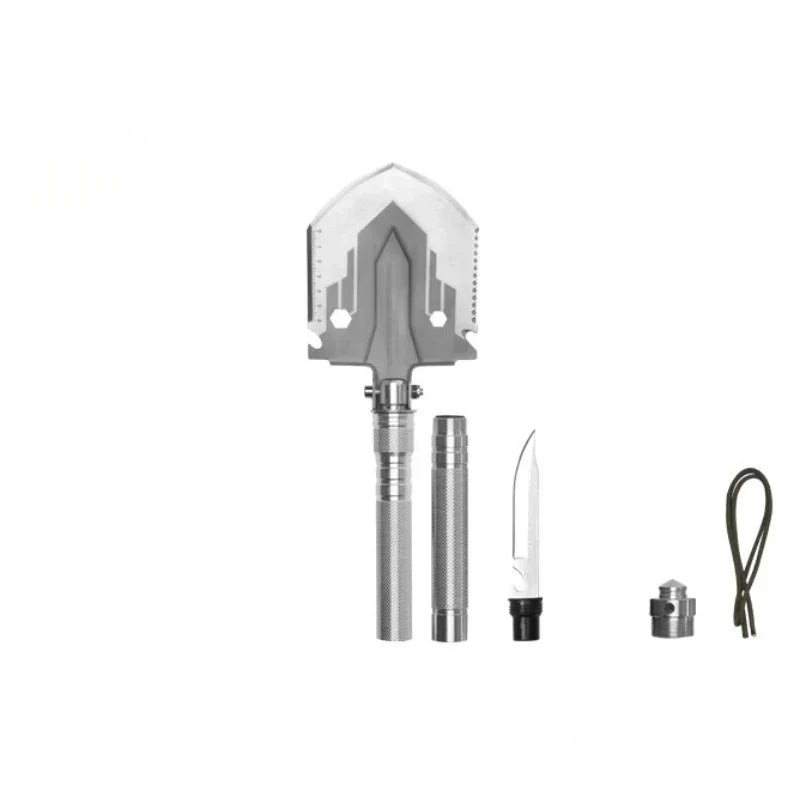 Herramienta de supervivencia 5 en 1, pala compacta con azada para camping y aire libre.