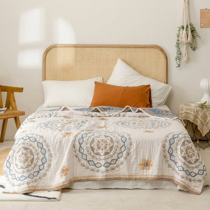 Manta de algodón con patrón mandala sereno, ideal para sofá o cama. Decoración bohemia y ligera para el hogar.