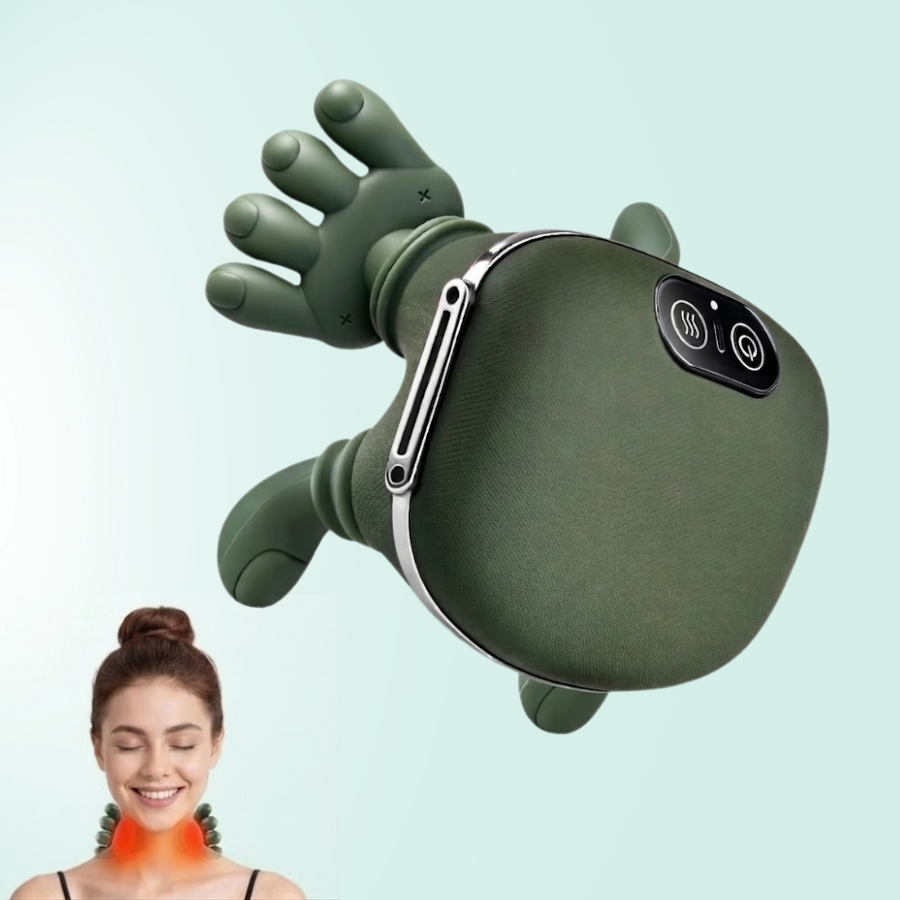 Masajeador de cuello ergonómico con calor y nodos terapéuticos para aliviar la tensión y el dolor muscular.