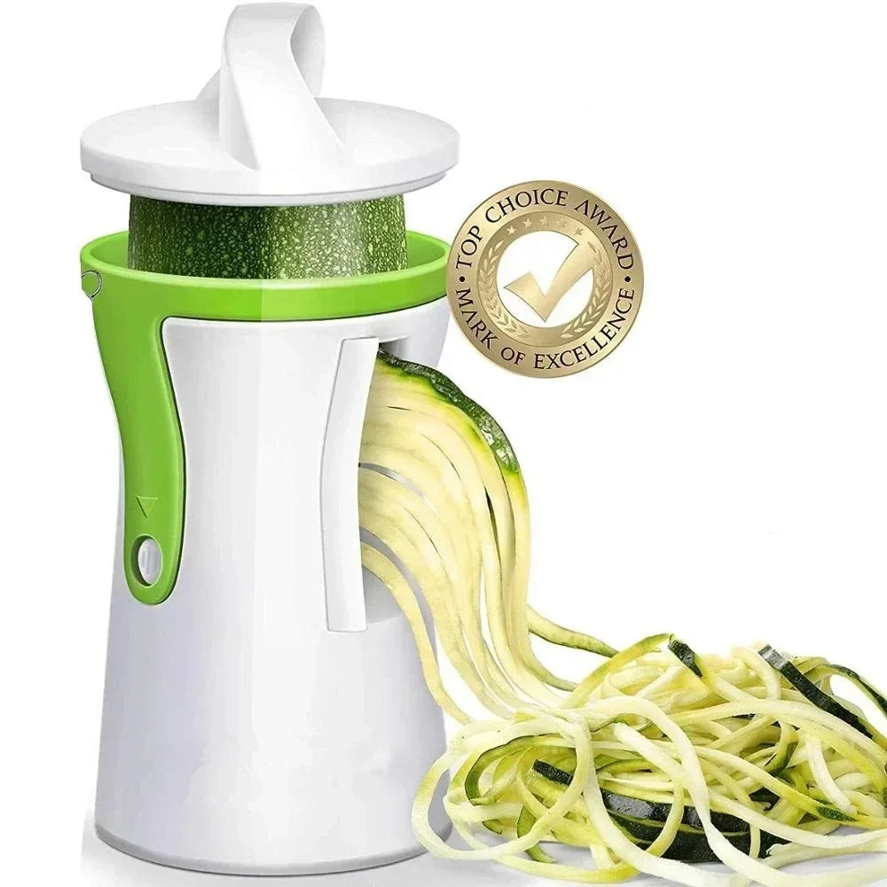 Cortador espiral manual de verduras y queso en acero inoxidable para cocina; prepara platos saludables fácilmente.