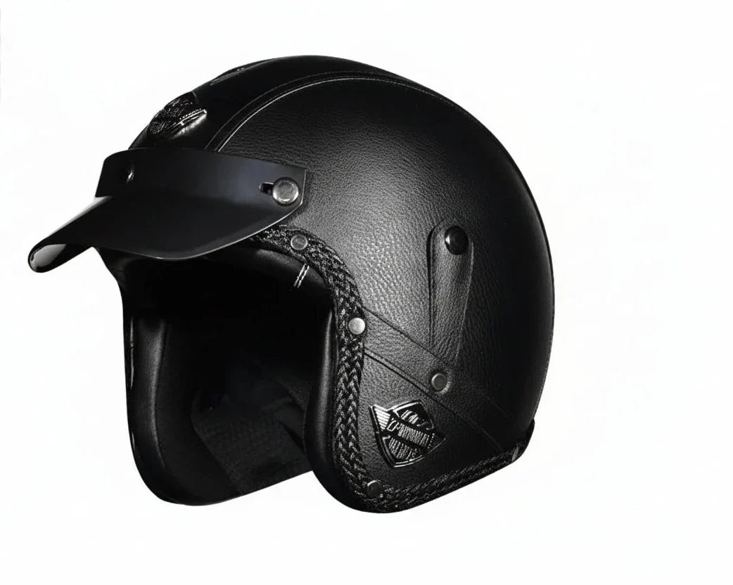 Equipo de protección: casco 3/4 retro de moto, acabado en piel sintética y máxima seguridad DOT.
