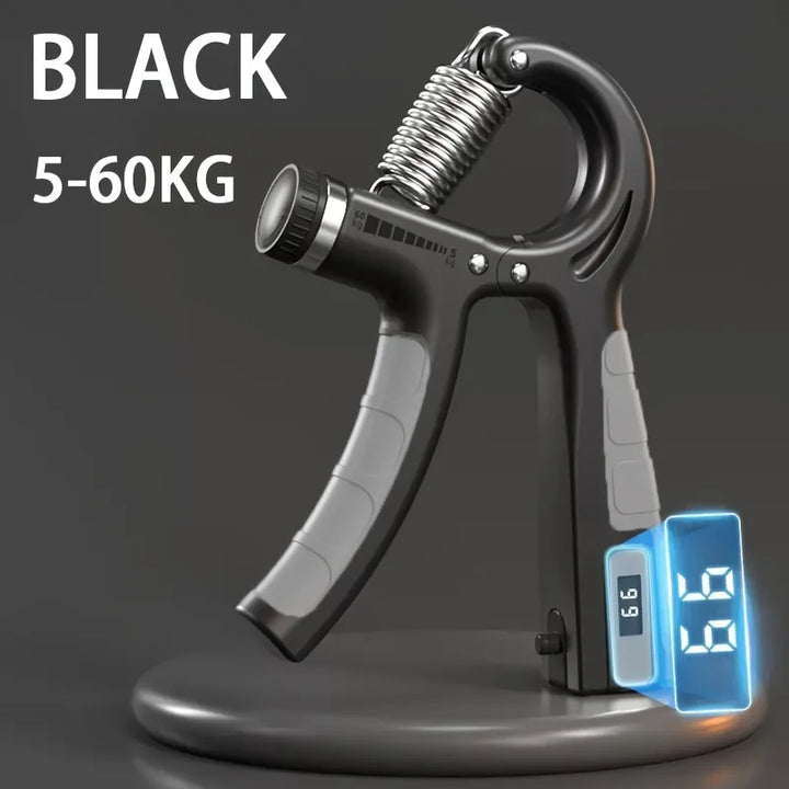 Entrenador de agarre ajustable con contador para fuerza de antebrazo y mano, ideal para fitness y rehabilitación.