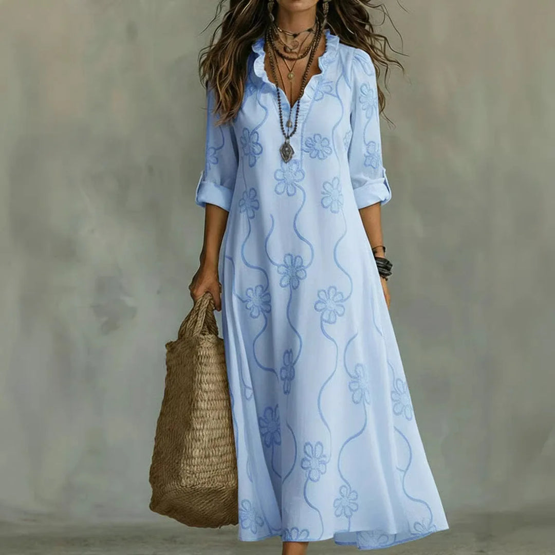 Vestido de verano fresco para mujer, con elegante bordado floral, cuello V y mangas enrollables.
