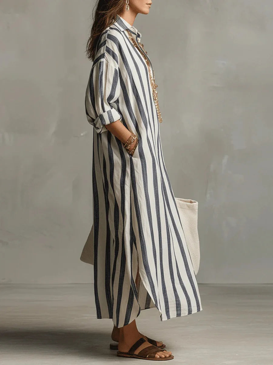 Vestido largo casual rayado para mujer, ideal para primavera y verano, estilo camisero holgado.