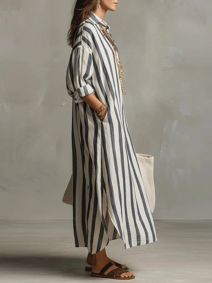 Vestido largo casual rayado para mujer, ideal para primavera y verano, estilo camisero holgado.