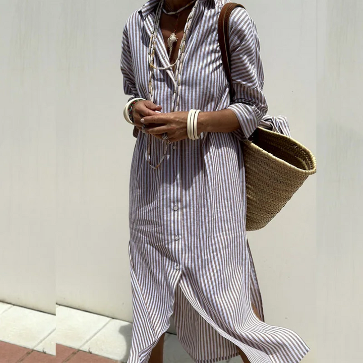 Elegante vestido camisero de rayas Savanna para mujer. Estilo midi, fresco y perfecto para ocasiones casuales y formales.