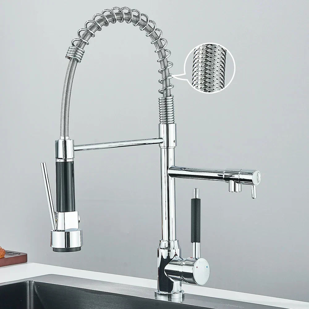 Mezclador de cocina negro mate con caño flexible, diseño moderno.