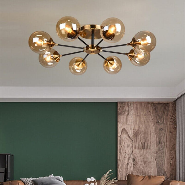 Vista aérea del candelabro de techo de 8 esferas jade. Luminaria contemporánea que embellece tu hogar.