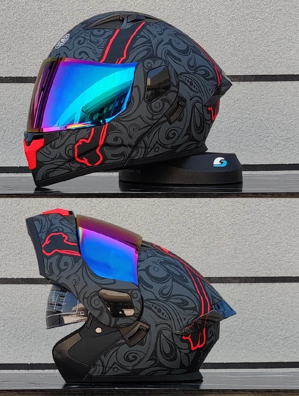 Casco modular integral negro para motociclistas, doble visor y certificación DOT.