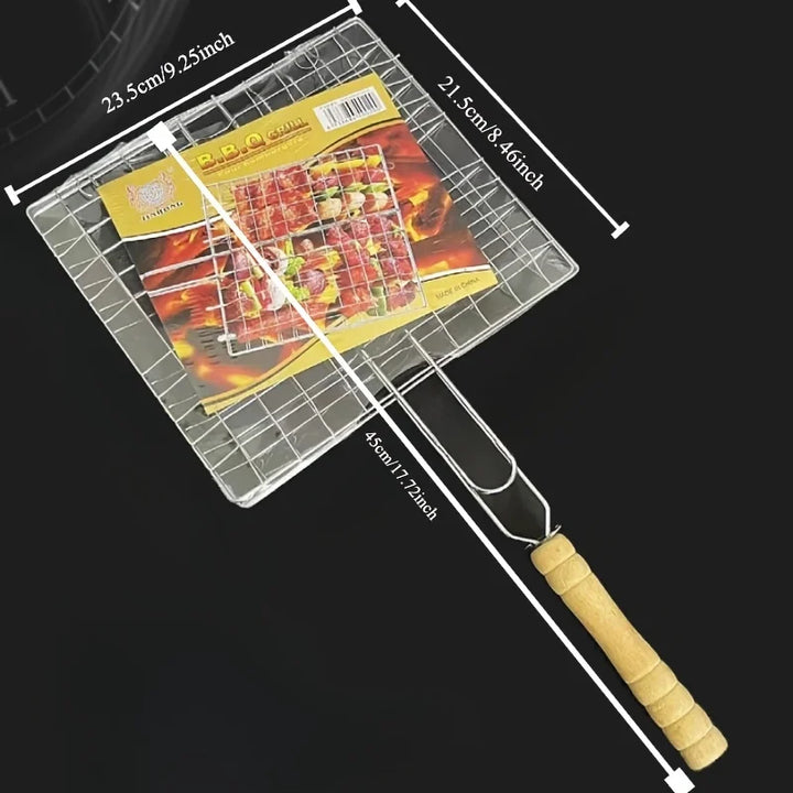 Canasta BBQ ergonómica para asar carnes y vegetales de manera uniforme. Diseño plegable facilita el almacenamiento.