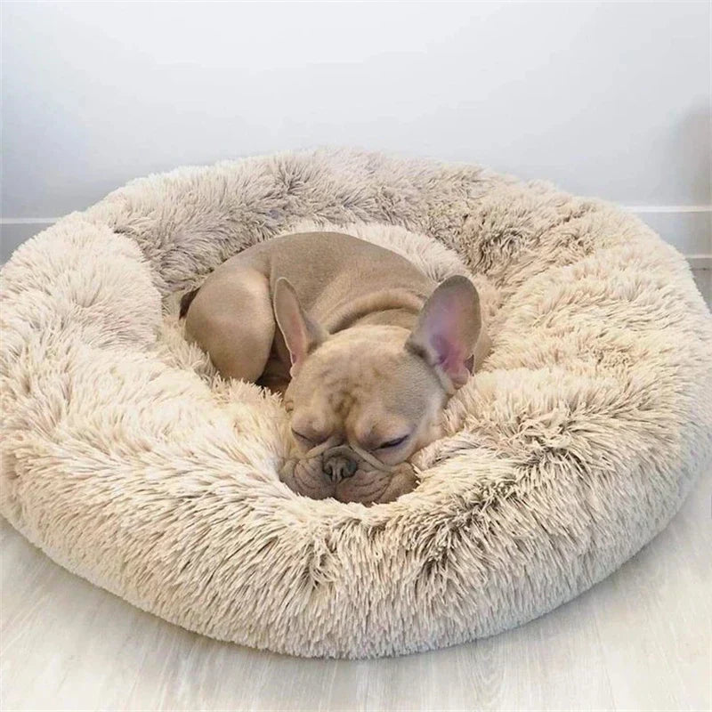 Cama para gato redonda de peluche, acogedora y suave, brindando un rincón de confort y descanso seguro.