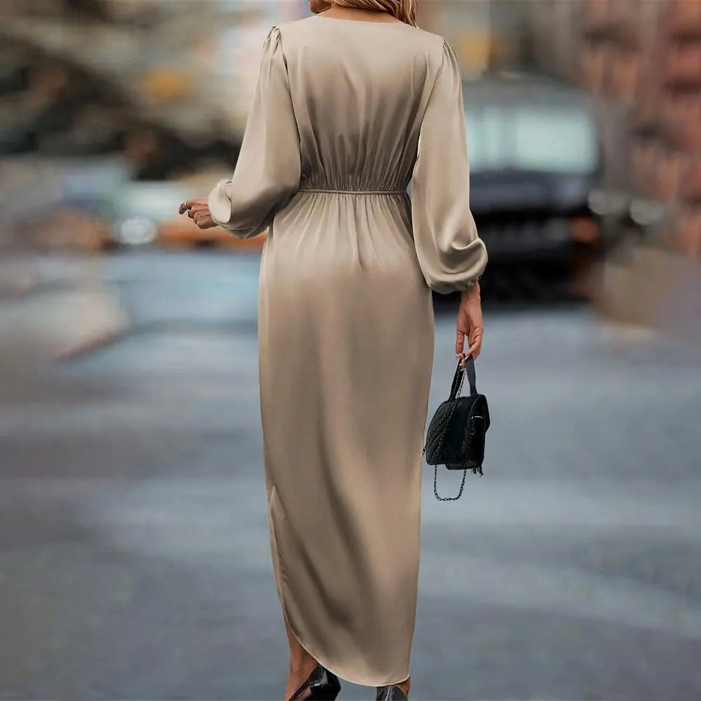 Vestido midi cruzado de manga larga para mujer, diseño versátil. Ideal para looks casuales o de fiesta, toda ocasión.