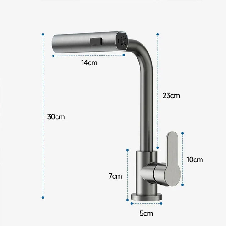 Grifo de cocina giratorio de acero inoxidable, con efecto cascada para un flujo suave y moderno.