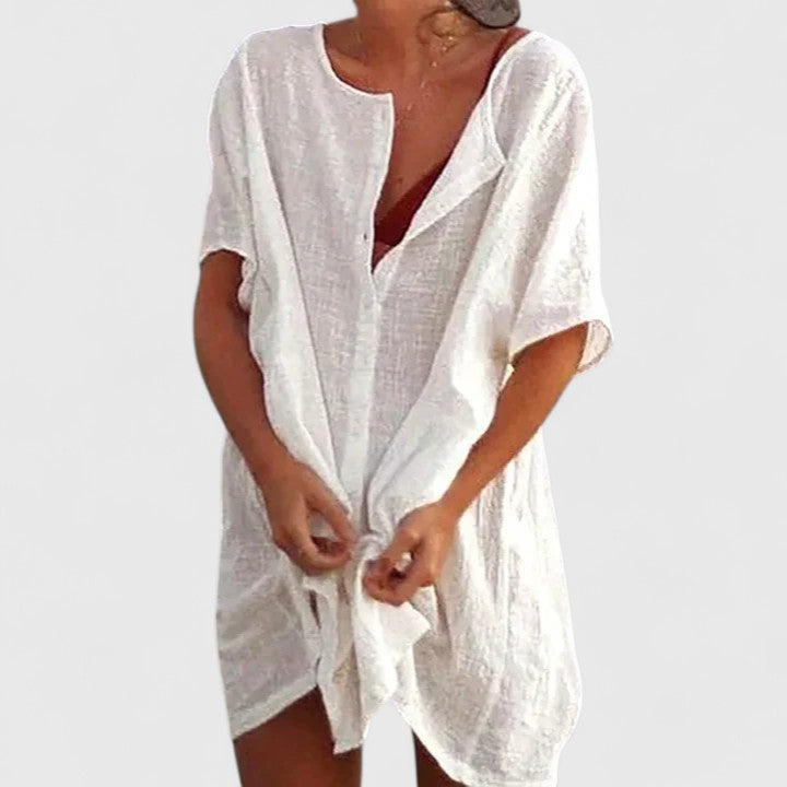Vestido de mujer corte suelto, estilo túnica con escote V. Cómodo para verano y ropa de playa.