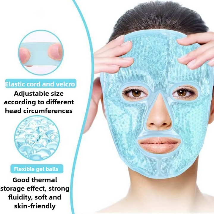 Máscara facial de perlas de gel para bienestar, uso en frío o calor, ideal para cuidado facial.