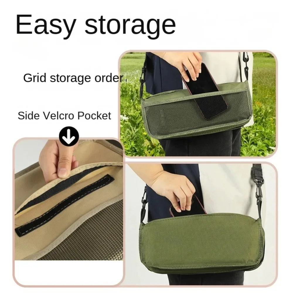 Taburete de camping plegado. Muestra su diseño compacto y portátil, fácil de guardar y transportar.