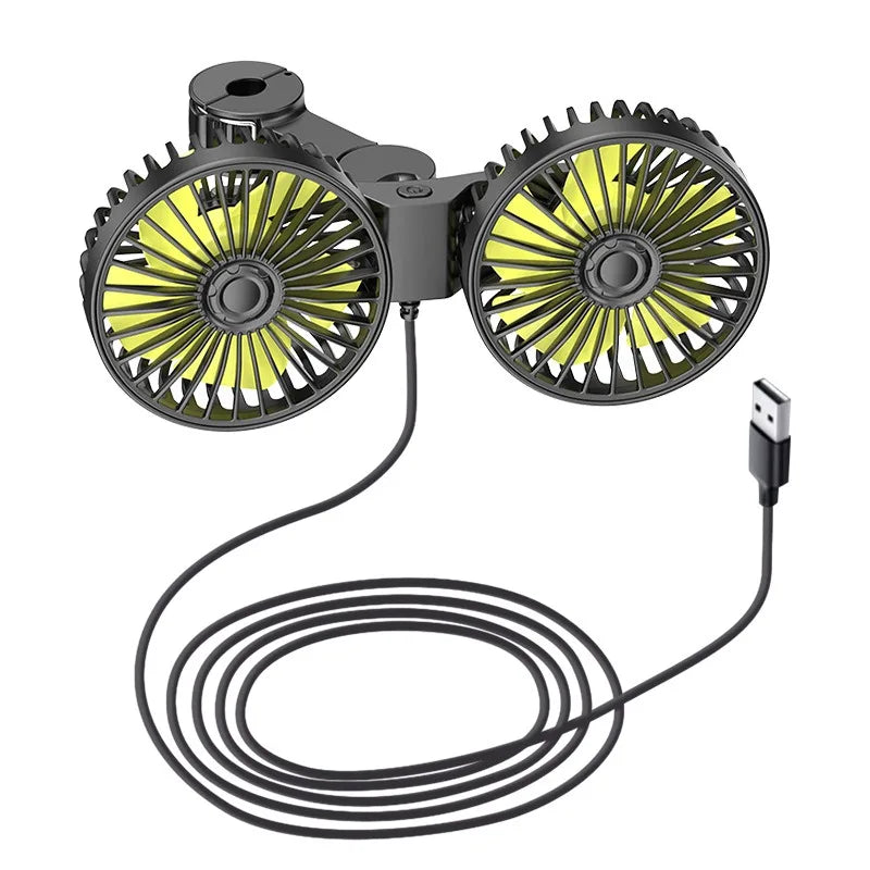 Ventilador doble USB para coche, esencial para un verano fresco, proporciona refrigeración óptima al asiento trasero.