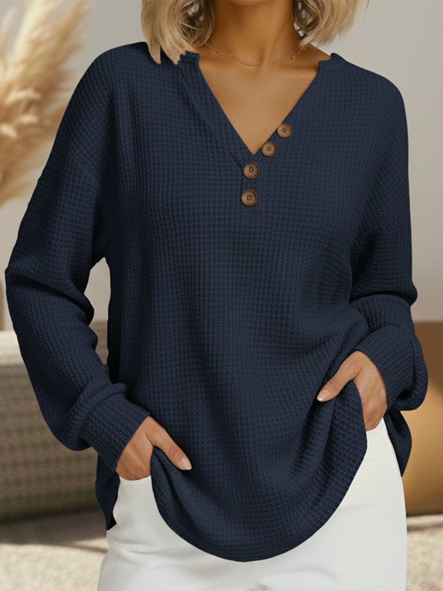 Jersey mujer cuello pico de punto liso, confortable y versátil para outfits de otoño invierno, moda casual.