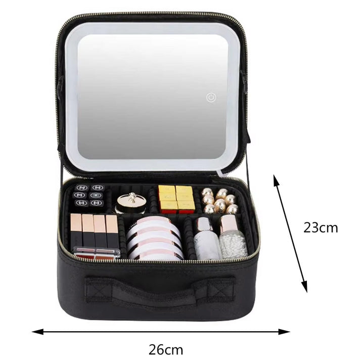 Organizador de belleza con espejo LED, neceser de maquillaje para mujer, práctico y funcional.