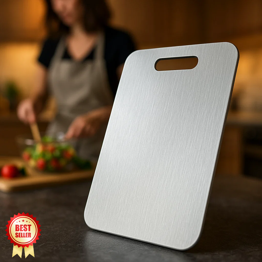 Tabla de cortar de titanio médico. Superficie antiadherente para cocina premium, higiene y durabilidad.