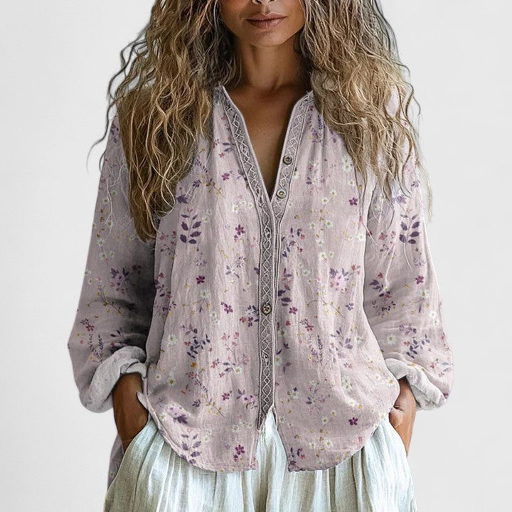 Blusa casual floral de mujer, manga larga y cuello V. Moda cómoda para primavera en verde, rosa y violeta.