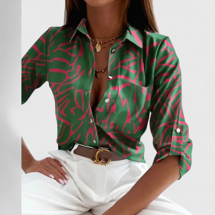 Camisa casual de mujer, manga larga y estampado geométrico. Ropa versátil para moda femenina en primavera y otoño.