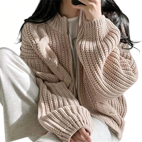 Cárdigan suelto de punto trenzado rosa para mujer, con cremallera, perfecto para un estilo casual.