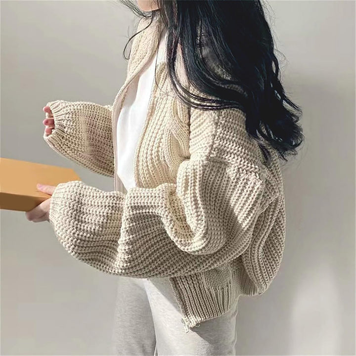 Chaqueta cárdigan oversize de punto con cremallera, beige, para mujer, perfecta para el frío.