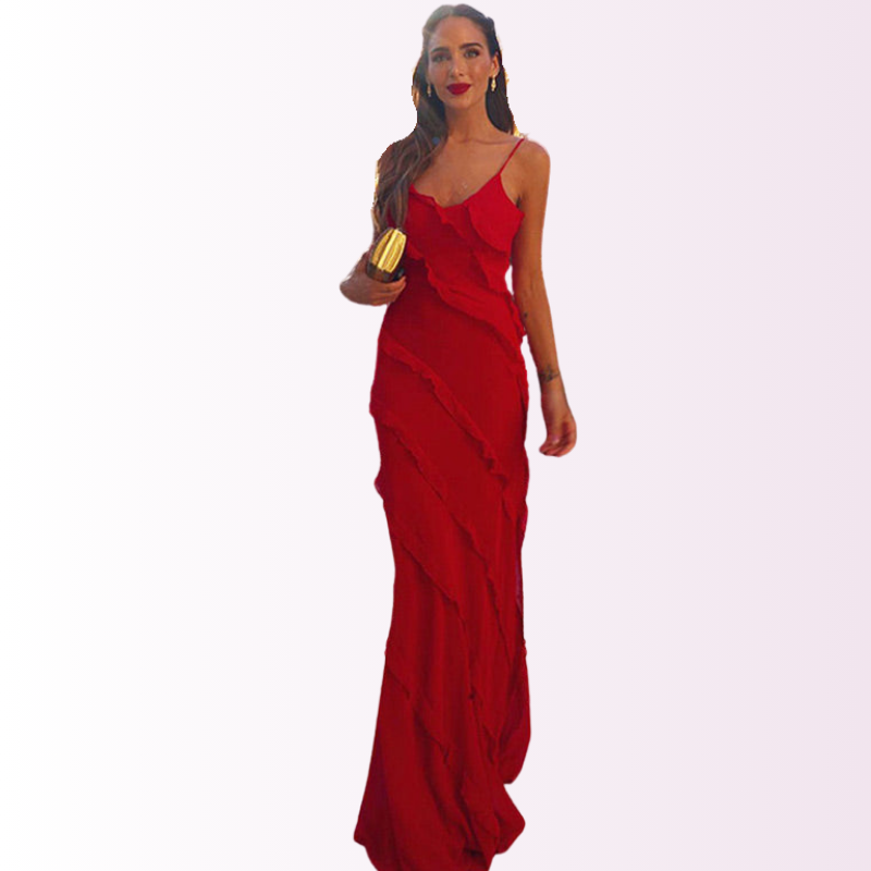 Vestido largo elegante de mujer con volantes, perfecto para fiesta y eventos formales.