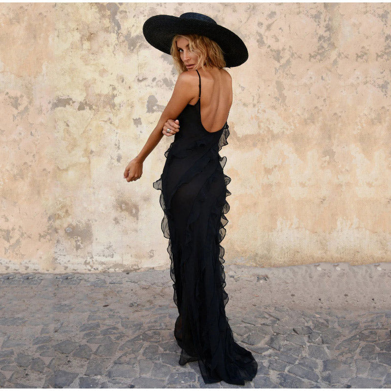 Elegante vestido largo de fiesta para mujer con diseño de volantes. Ideal para primavera/verano.