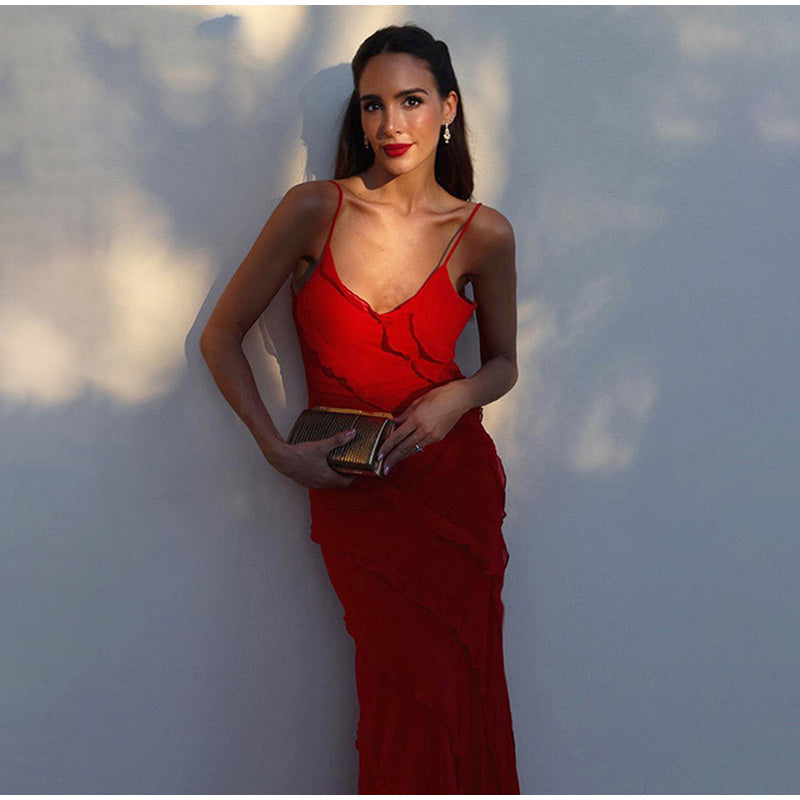 Vestido de fiesta largo para mujer, con volantes y estilo elegante. Perfecto para eventos de gala.