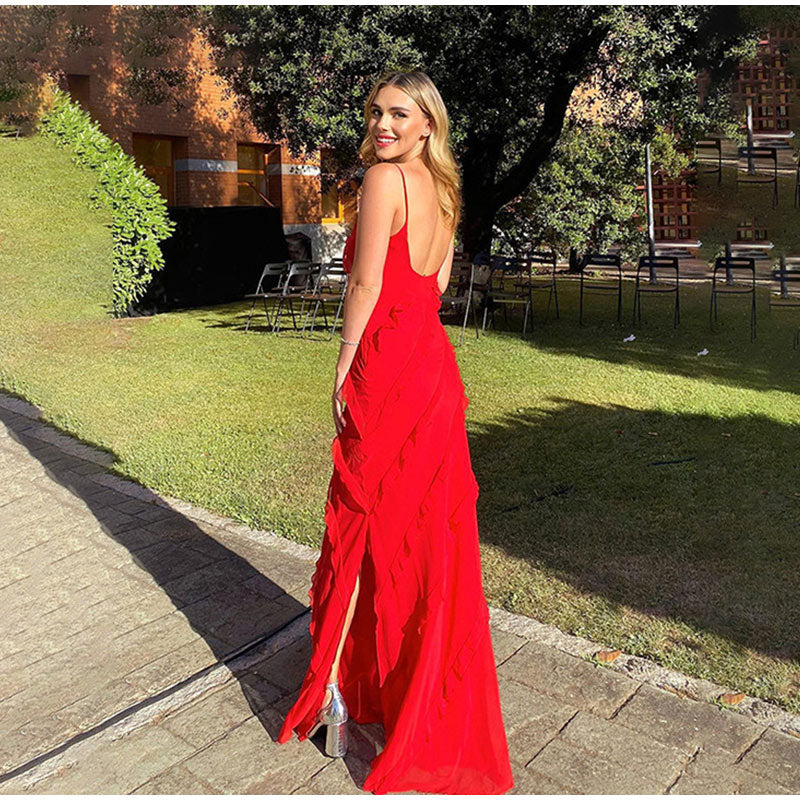 Ropa mujer: Vestido largo elegante con volantes, ideal para fiesta de día o noche.