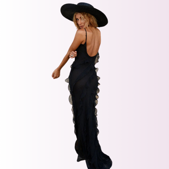 Maxi vestido de mujer elegante con volantes, perfecto para fiestas y eventos de verano.
