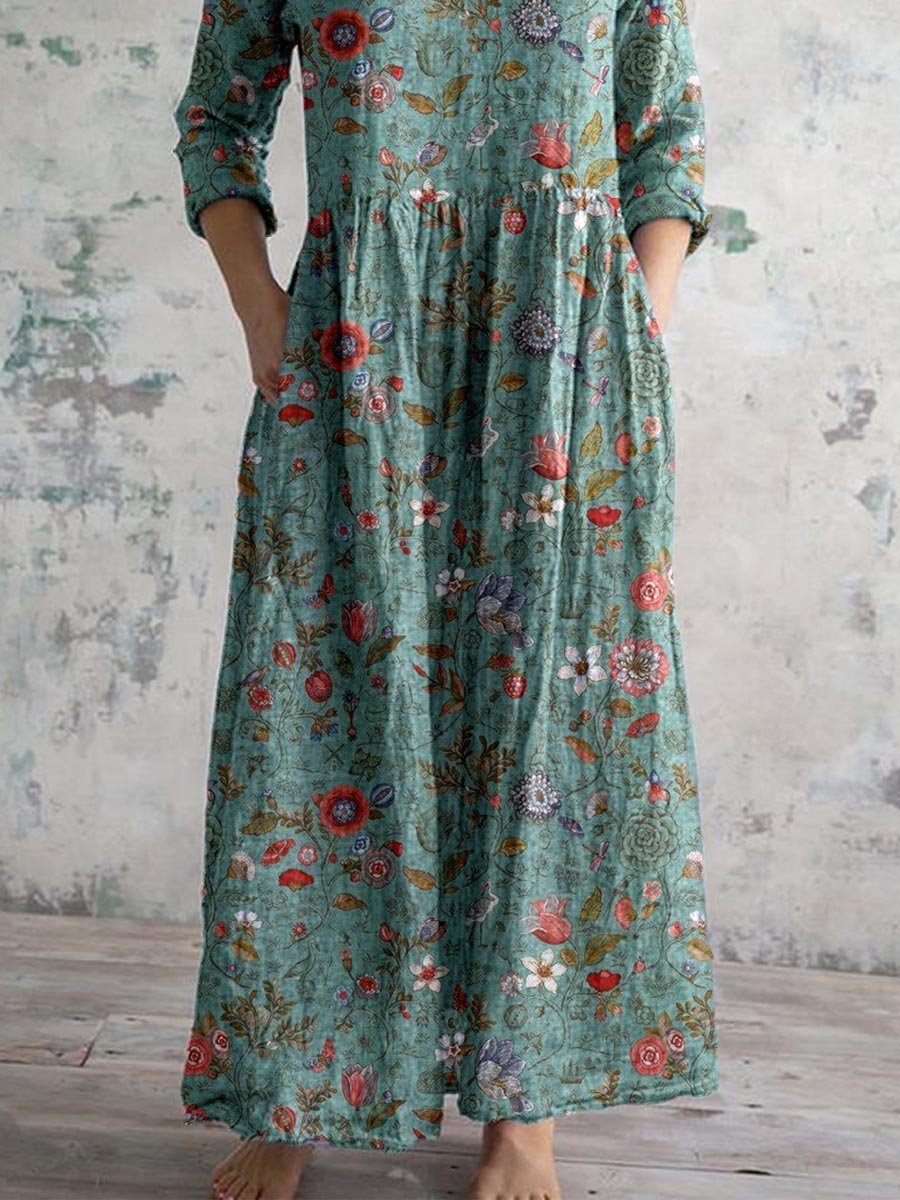 Vestido largo de algodón bohemio con cuello V para mujer. Diseño casual y cómodo, ideal para los días de verano.