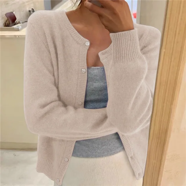 Cárdigan versátil para mujer, cuello redondo y botones, estilo elegante para oficina y ocasiones casuales.